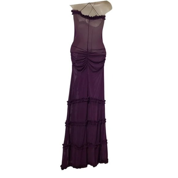 Purple Mesh Ruffle Cut Out Maxi Dress With Slit - Picture 6 of 8